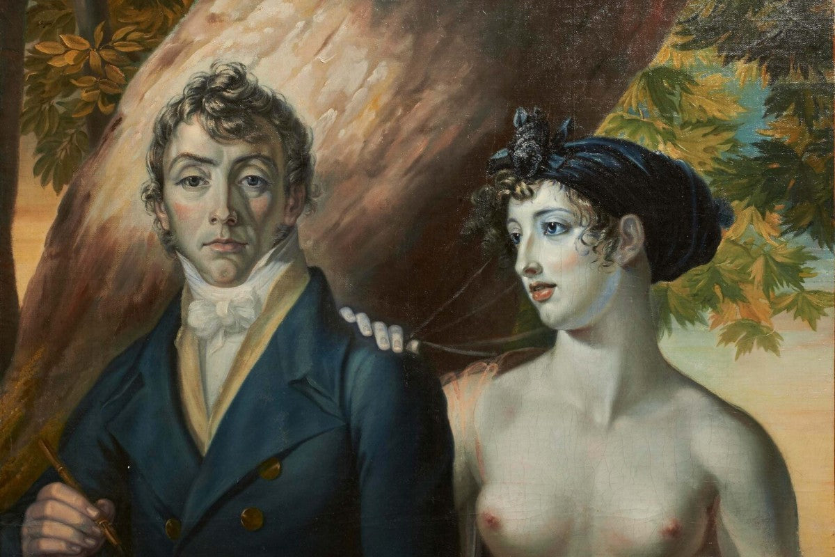 Robert Fagan, „Portret z żoną” (1803) – artysta w eleganckim stroju trzyma pędzel, obok półnaga kobieta z ręką opartą na jego ramieniu, na tle pejzażu z drzewem.