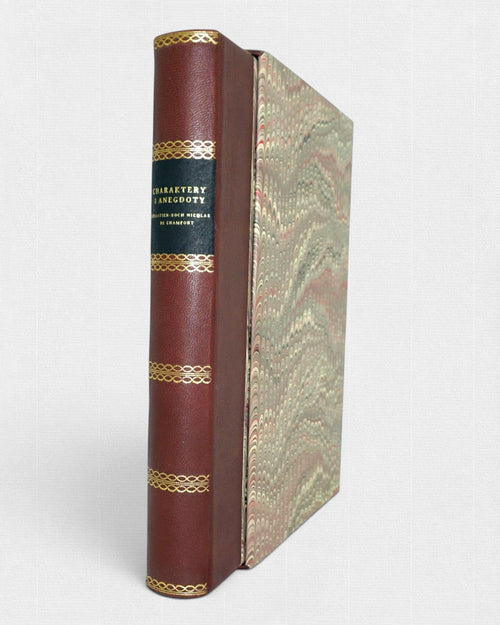 Charaktery i anegdoty Chamforta – ręcznie oprawiona książka w brązowej skórze ze złoceniami na grzbiecie i marmurkowym etui ochronnym