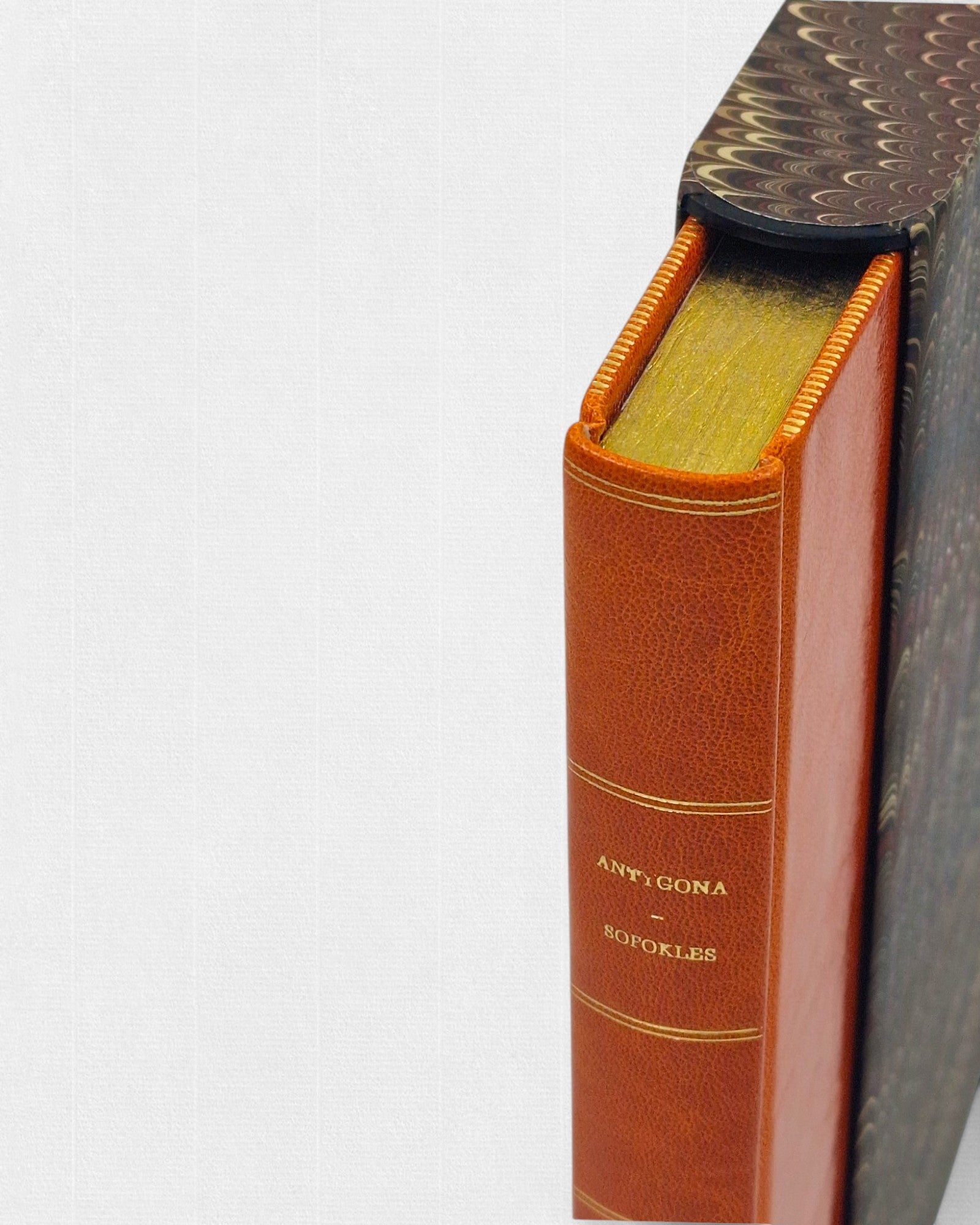 Grzbiet książki „Antygona” Sofoklesa w ręcznej oprawie z pomarańczowej skóry, ze złoconym tytułem i widocznym złoconym blokiem kart, częściowo wysuniętej z marmurkowego etui.